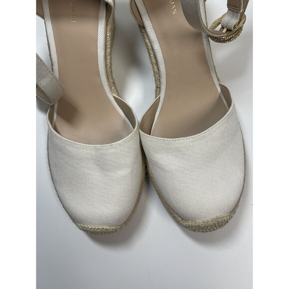 Stuart Weitzman Canvas Wedge Espadrilles In Cream W/Crystal Buckle Sz 10.5 New - Picture 3 of 12
